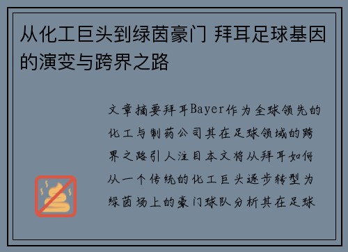 从化工巨头到绿茵豪门 拜耳足球基因的演变与跨界之路