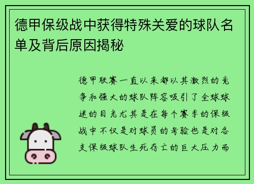 德甲保级战中获得特殊关爱的球队名单及背后原因揭秘