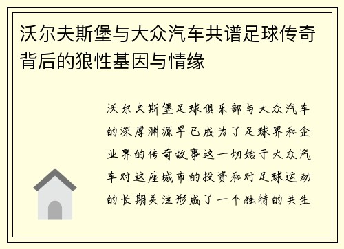 沃尔夫斯堡与大众汽车共谱足球传奇背后的狼性基因与情缘