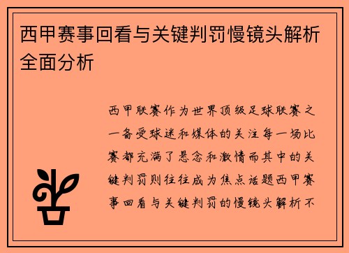 西甲赛事回看与关键判罚慢镜头解析全面分析