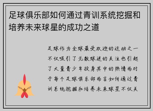 足球俱乐部如何通过青训系统挖掘和培养未来球星的成功之道