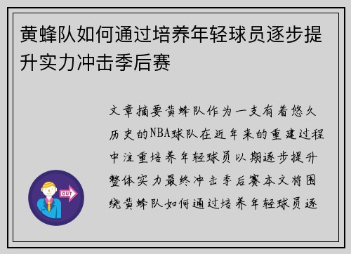 黄蜂队如何通过培养年轻球员逐步提升实力冲击季后赛