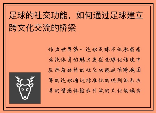 足球的社交功能，如何通过足球建立跨文化交流的桥梁