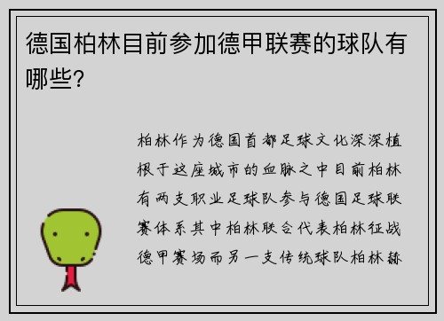 德国柏林目前参加德甲联赛的球队有哪些？