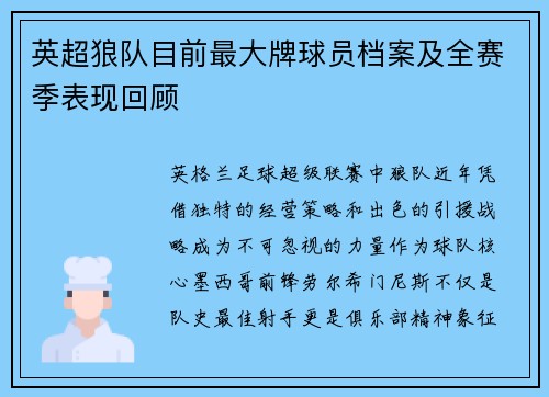 英超狼队目前最大牌球员档案及全赛季表现回顾